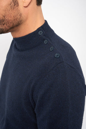 Round neck sweater, buttoned shoulder - Navy - 100% recycled